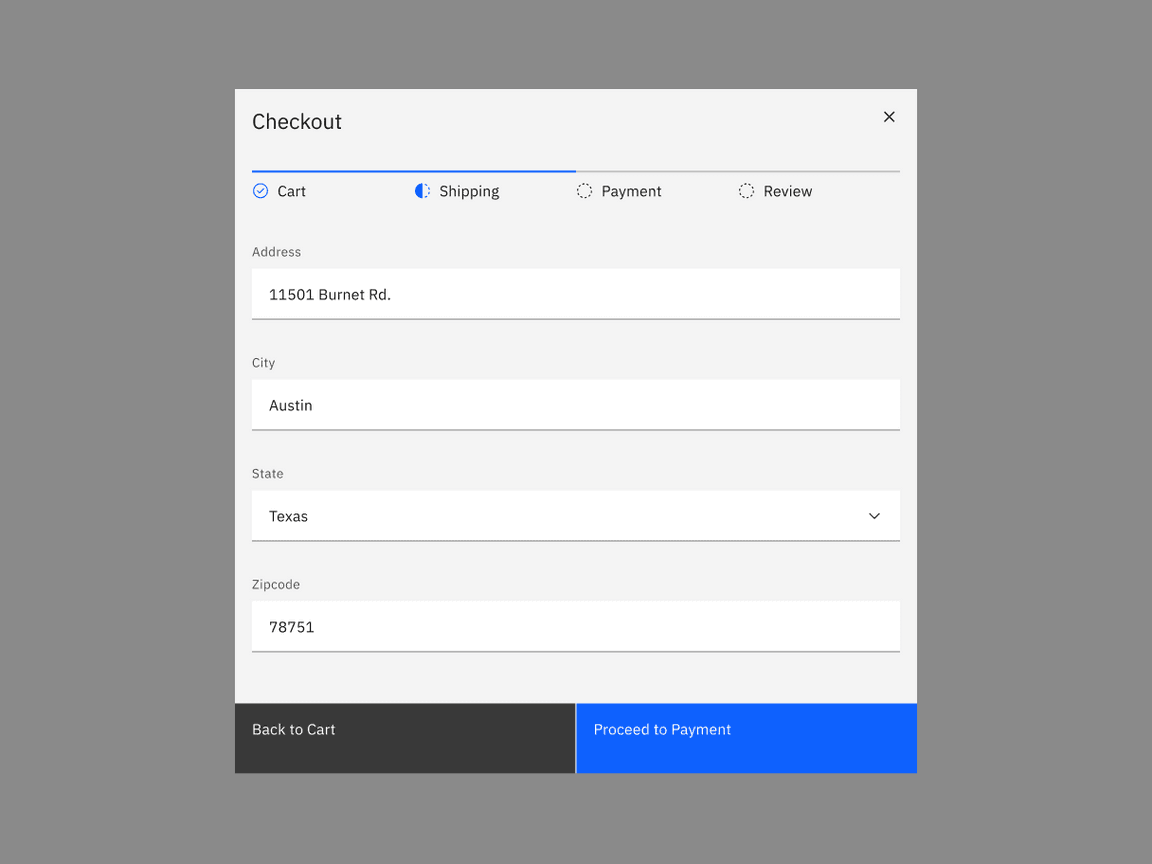 Example of the progress indicator in a payment UI